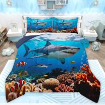 Feelyou Cute Shark Animal Queen Comforter Set, Underwater World Bedding Comforter Set, 3pcs