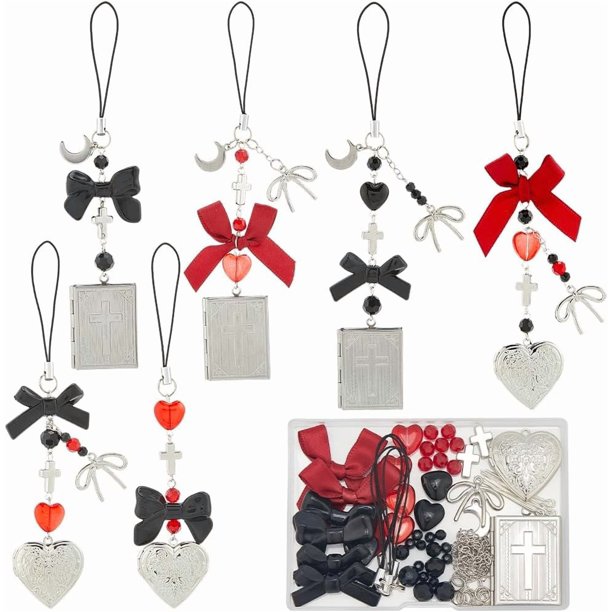 1 caja DIY de 6 juegos de amuletos para teléfono, amuleto gótico para celular, lazo negro, rojo y plateado, corazón, luna, correa gótica para celular