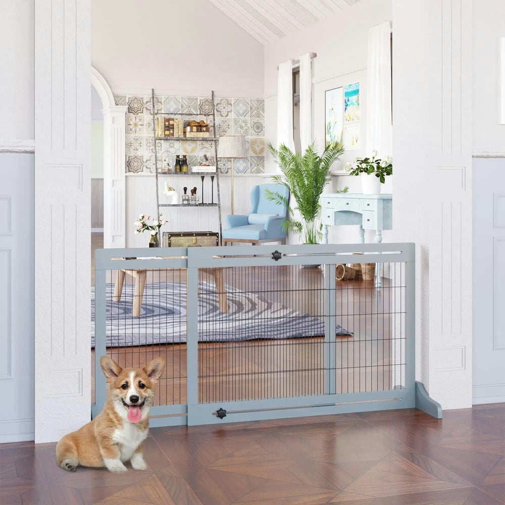 Resenkos 72" W x 27.25" H Extra Wide Freestanding Pet Gate with Adjustable Length Dog, Cat, Barrier, Gray