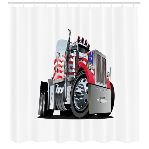 Truck Shower Curtain, American Flag Themed Semi 18 Wheeler Patriotic