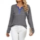 thumbnail image 2 of Camisetas de Larga A Rayas para Mujer, Informales, con Cuello en V, Bloques de Color, Corte Holgado, Básicas. y Negro XL, 2 of 10