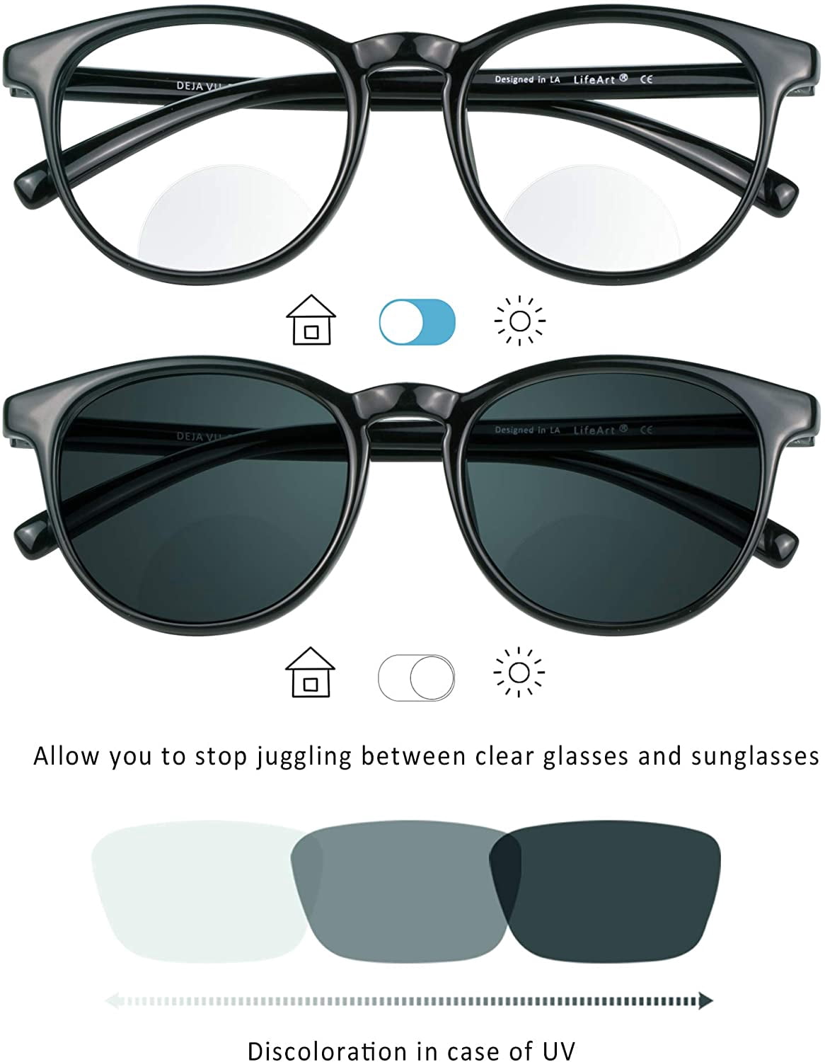 LifeArt Bifocal Reading Glasses, Transition Photochromic Dark Grey Sunglasses, Oval Frame, Computer Reading Glasses, Anti Glare (Black, +0.00/+1.00 Magnification)