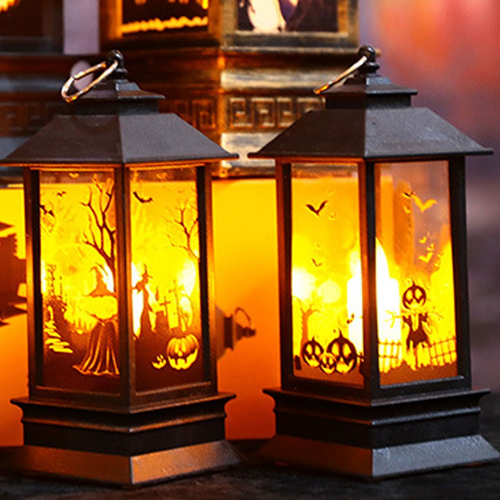 Halloween Portable Lanterns, Orange Candle LED Halloween Lamp Lights, 5x2" Spooky Witch Pumpkin Scarecrow Castle Flame Lights Hanging Night Light for Home Party Porch House Bar - image 5 of 5