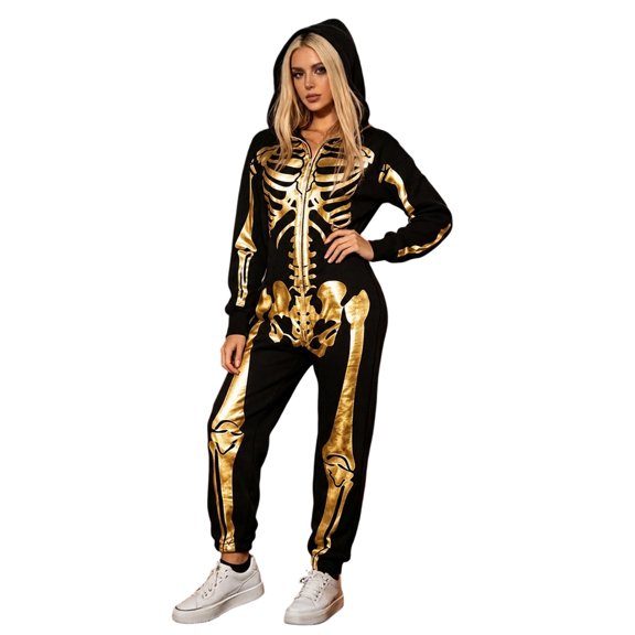 BOOMNY Halloween Womens Jumpsuit Gothic Hallowmas Skeleton Graphic Long Sleeve Hooded Pjs Jumpsuit Cozy Warm Loungewear Homewear