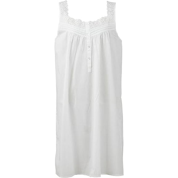 StylesILove Women Embroidered Lace Square Neck Sleeveless Pure Cotton Nightgown White Night Dress Sleepwear (Large)