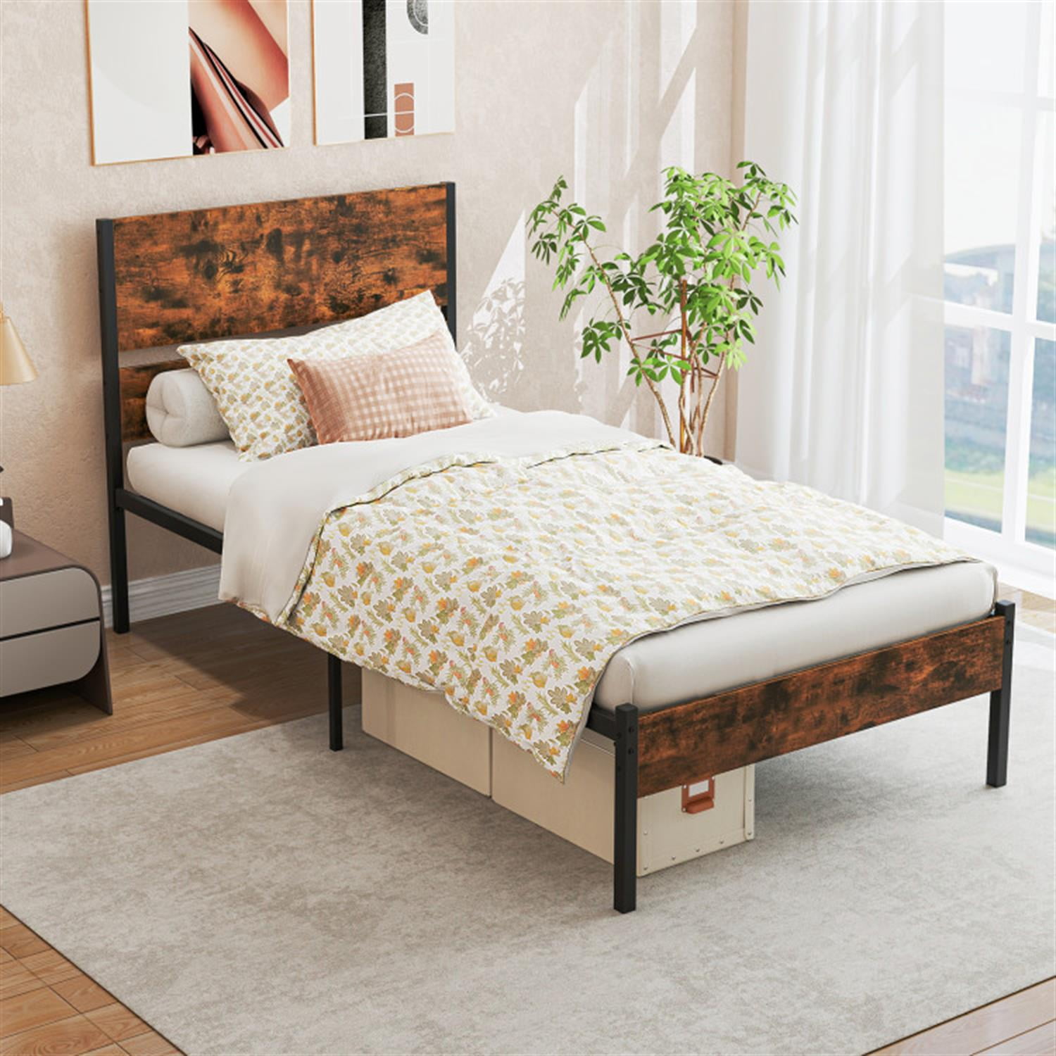 Demi Bonn Twin Size Bed Frame with Wooden Headboard and Footboard, Modern Metal Platform Bed Frame with Under Bed Storage, No Box Spring Needed, Brown