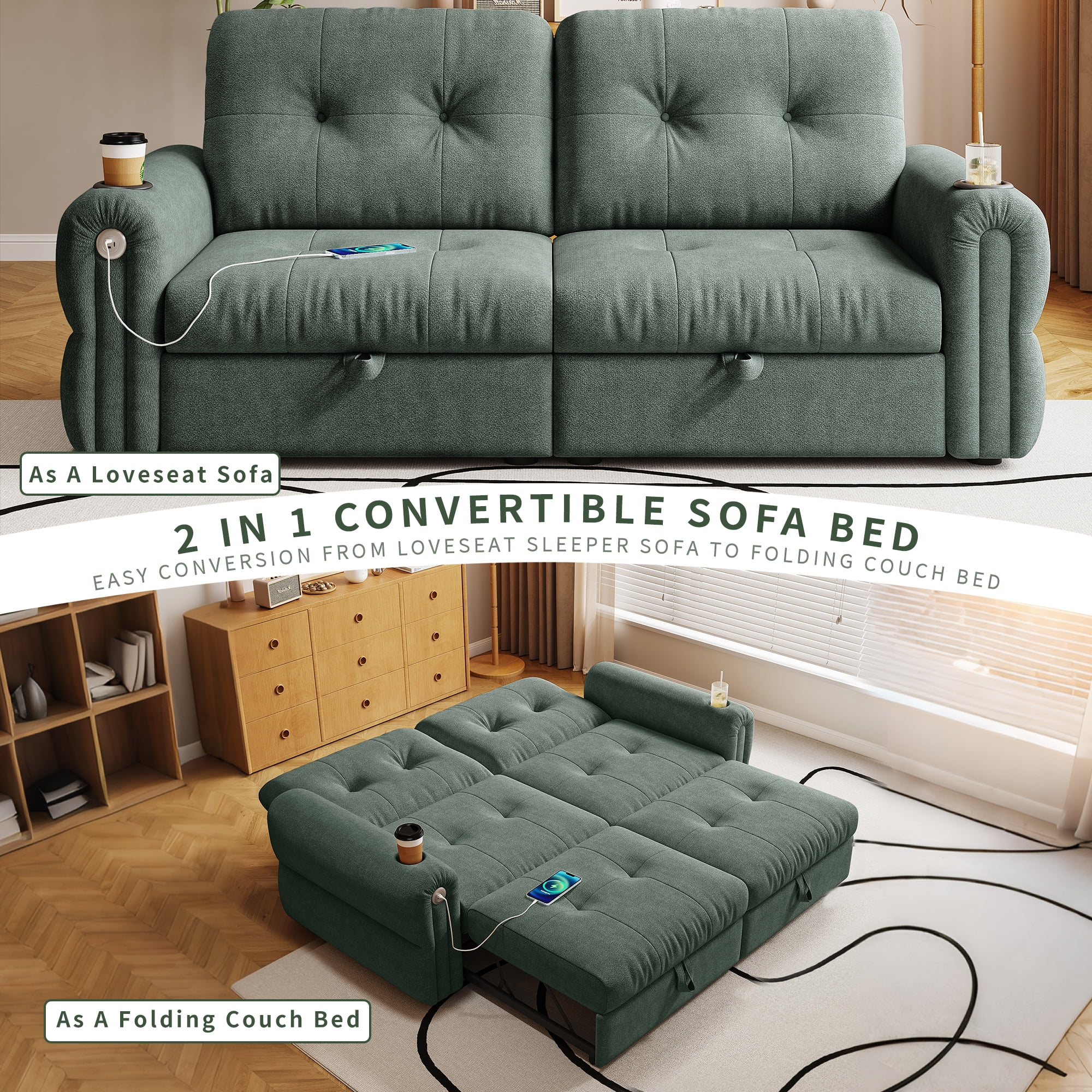 LLappuil 77" Pull Out Sofa Bed Queen Size, Loveseat Sofa Convertible Sofa Bed with USB Port Cupholders, Chenille Sofa Couch for Living Room Green