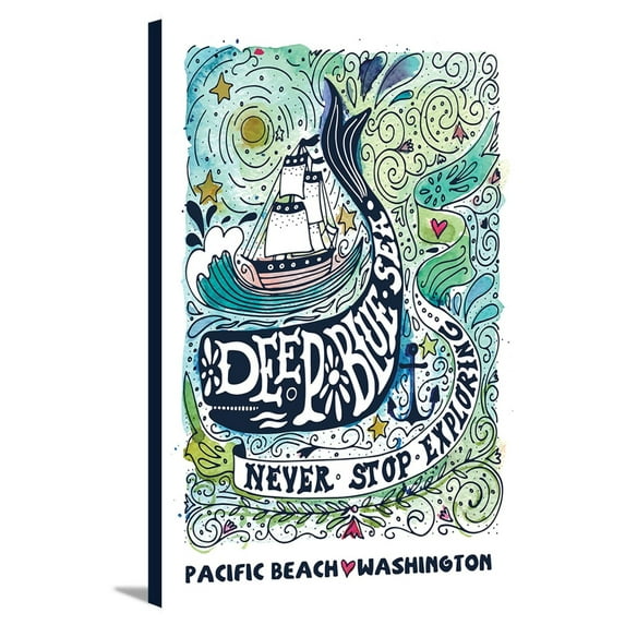 Pacific Beach, Washington - Watercolor Whale - Deep Blue Sea - Nautical Art - Lantern Press Artwork (24x36 Gallery Wrapped Stretched Canvas)