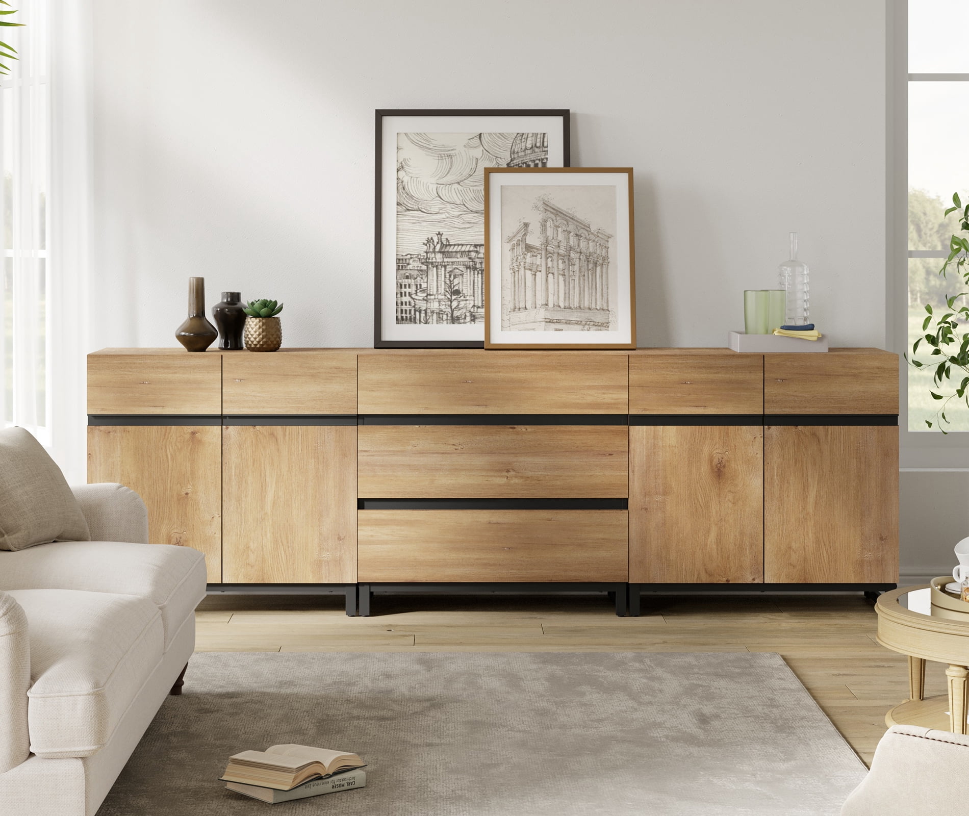 WAMPAT 3 in 1 Modern Sideboard with Adjustable Shelves and 3 Drawers, Coffee Bar Cabinet for Living Room, Kitchen, Oak