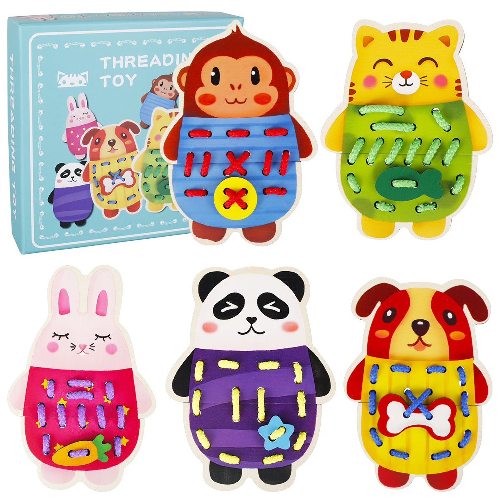 5 Pcs Cartoon Animals Lacing Cards Wooden Thread Toy Sewing Cards for ...