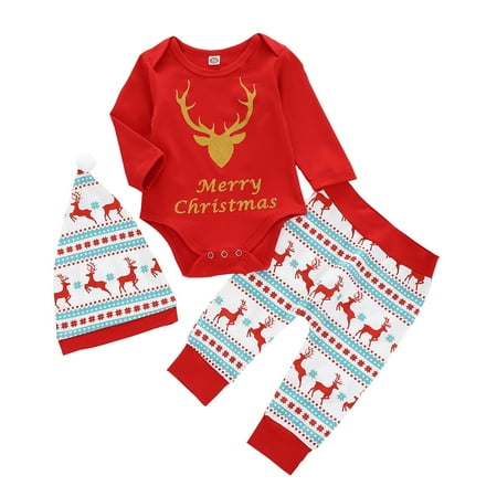 

luethbiezx Baby Boy Girl Merry Christmas Elk Long Sleeve Romper Bodysuit+Pants +Hat 3Pcs Outfits