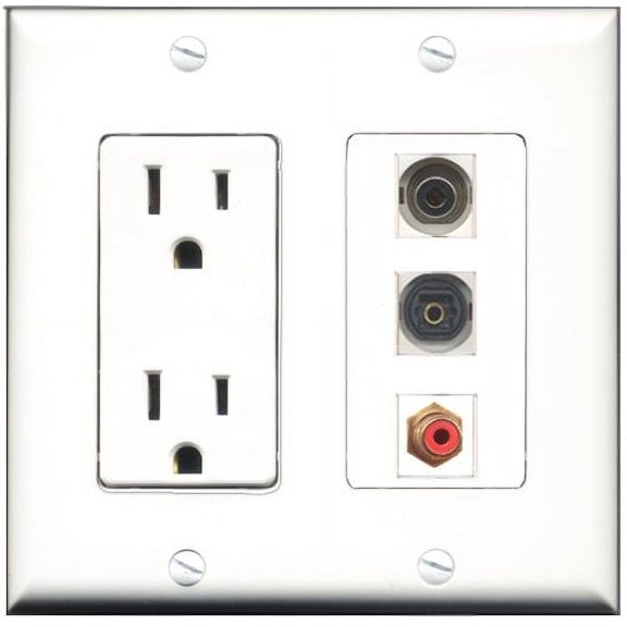 RiteAV - 15 Amp Power Outlet 1 Port RCA Red 1 Port Toslink 1 Port 3.5mm Decorative Wall Plate
