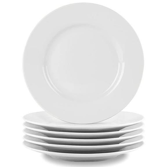 Bestone 6 Piece 8" Porcelain White Salad Plates ,Durable Plates, Classic Round with Wide Rim, Everyday Use, Set of 6