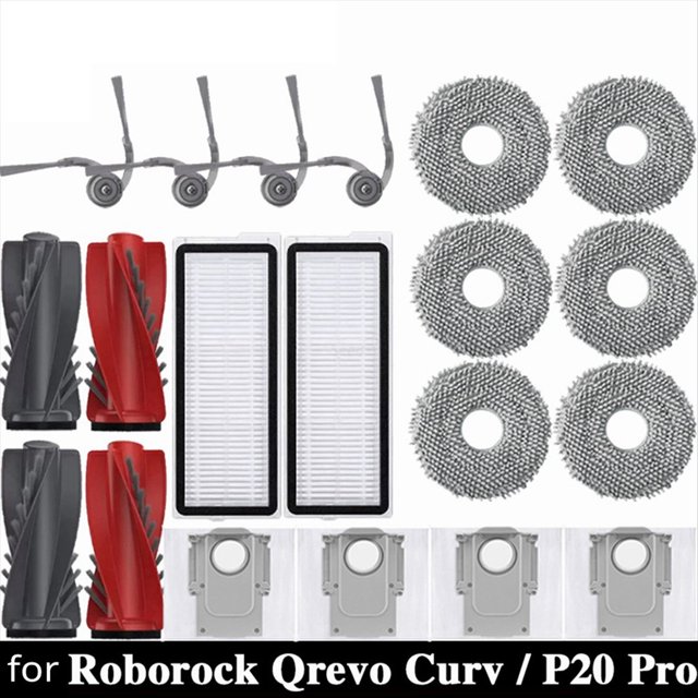 Accesorios de Repuesto para Aspiradora para Qrevo Curv, Rodillo Principal, Cepillo Lateral, Filtro HEPA, Paño de Fregona, Bolsa para Polvo.