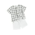 thumbnail image 4 of pengnight Kid Toddler Baby Boy Summer Short Clothes Outfits, 6 12 18 24 Months 2T 3T 4T Round Neck Short Sleeve Plaid Print Tops and Elastic Waist Solid Color Shorts 2Pcs Set, 4 of 10