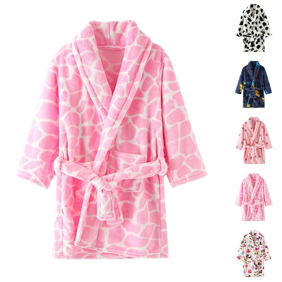 UJNDER Big Kids Long Sleeve Thick Cartoon Print Hooded Flannel Night Bathrobe Pajamas Cute Home Clothes for Boys Girls 3-11 Y Kids Robes for Girls,Pink,9-10 Years