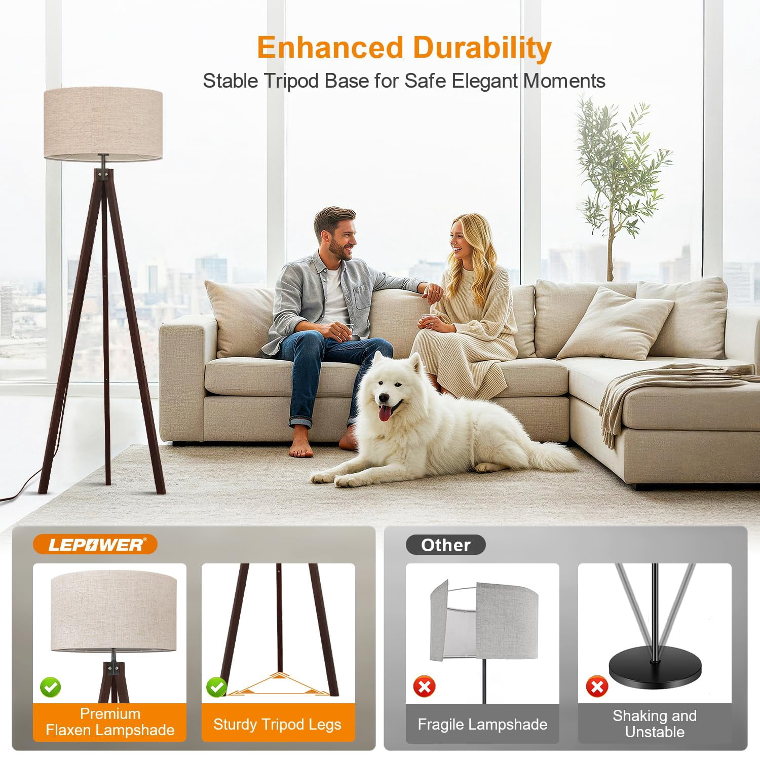 Wood Tripod Floor Lamp, Mid Century Standing Lamp, Modern Design Studying Light for Living Room, Bedroom, Study Room and Office, Flaxen Linen Shade with E26 Base Brown