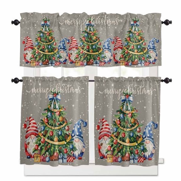Merry Christmas Kitchen Curtains and Valances Set, Watercolor Red Blue Gnome Tree Snow Rod Pocket Window Valance 18 Inch Window Curtain Panels for Living Room Bedroom Laundry, 27.5x24in, 3 Pieces