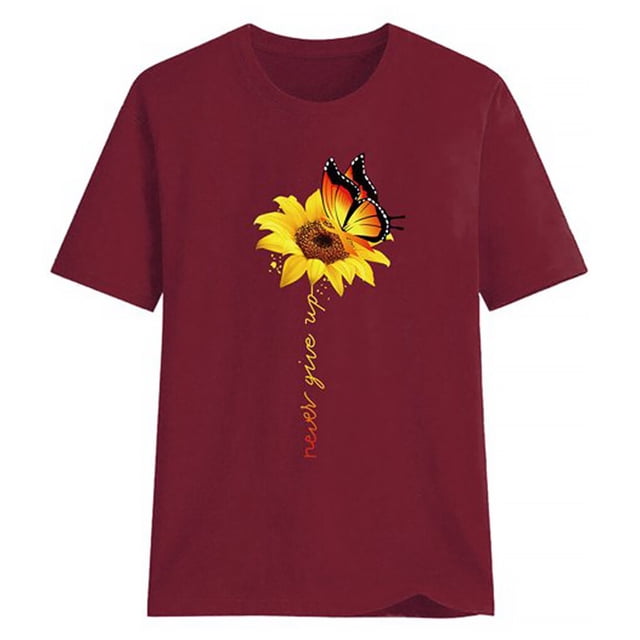 Blouse Été Manches Courtes T-shirt Imprimé Tournesol T-shirt Femmes Imprimé Tournesol Col Rond Top, Rouge Vin, M