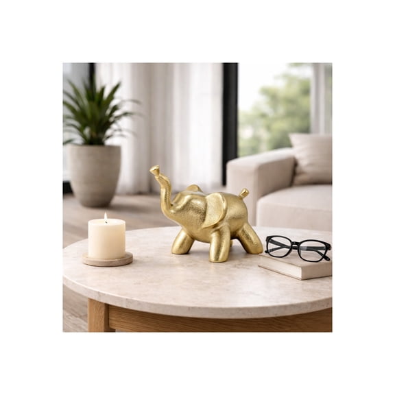 Decorative Metal Elephant Statue for Home Decor - Figurine Ornament for Bathroom, Office, and Living Room Accent - Sculptural Decorative Object for Shelf and Coffee Table - 6", Gold & Metallic