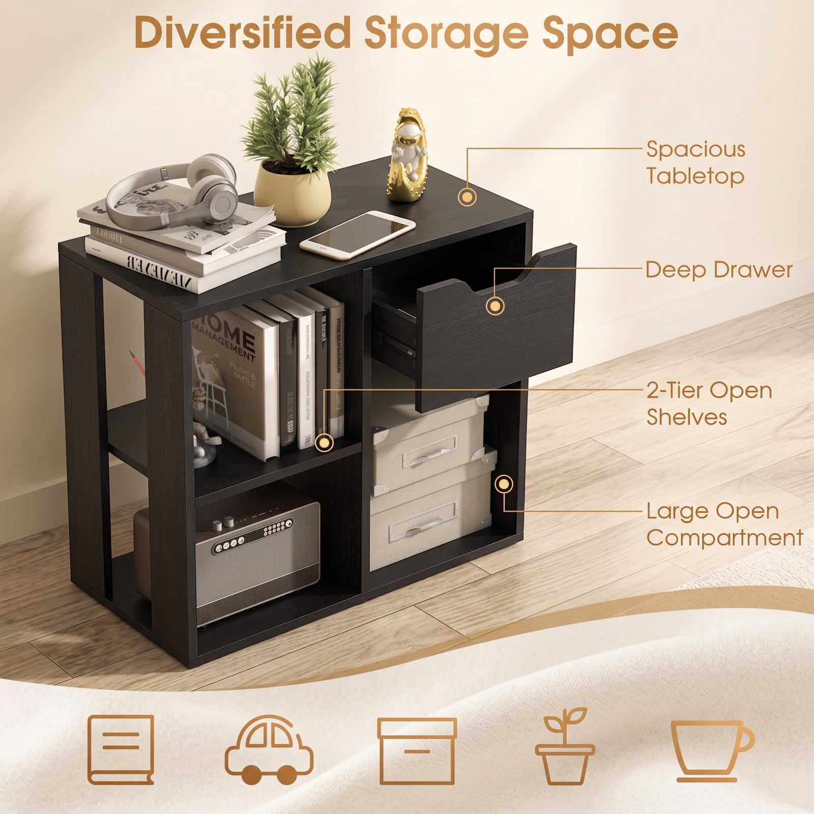 Furnibear 3-Cube Bookcase with Drawer, 2-Tier Wooden Storage Shelf Organizer, Freestanding Display Bookshelf for Living Room Bedroom Home Office, Engineered Wood, Black