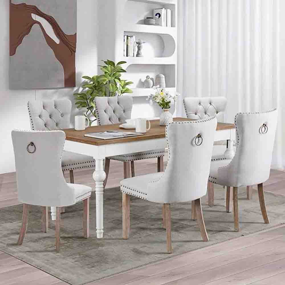 Gewnee Linen Fabric Upholstered Dining Chairs Set of 2 with Rubber Wood Legs,Beige