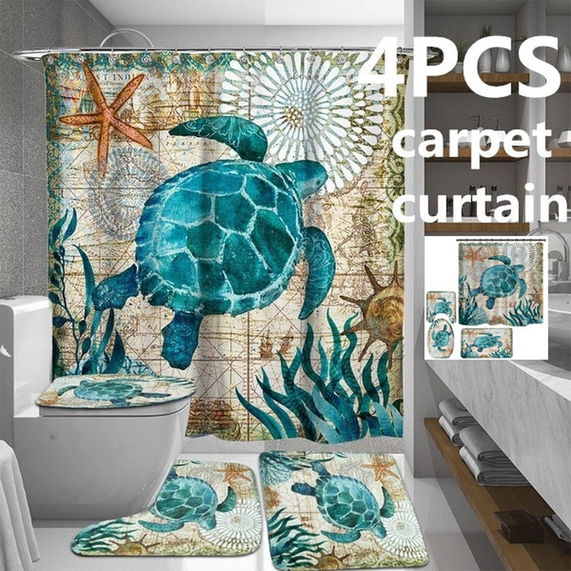 Hand painted turtles and fish plants Bathroom Fabric Shower Curtain 180x180cm 
