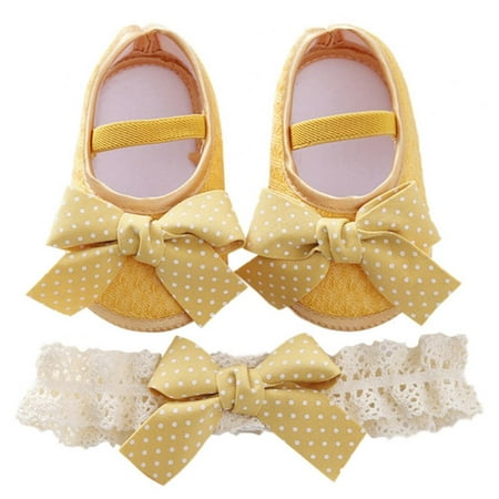 

Baby Girls Flats with Headband Infant Non-Slip Soft Sole Cute Bowknot Shoes Newborn Princess Wedding Shoes Toddler First Walkers 0-18M