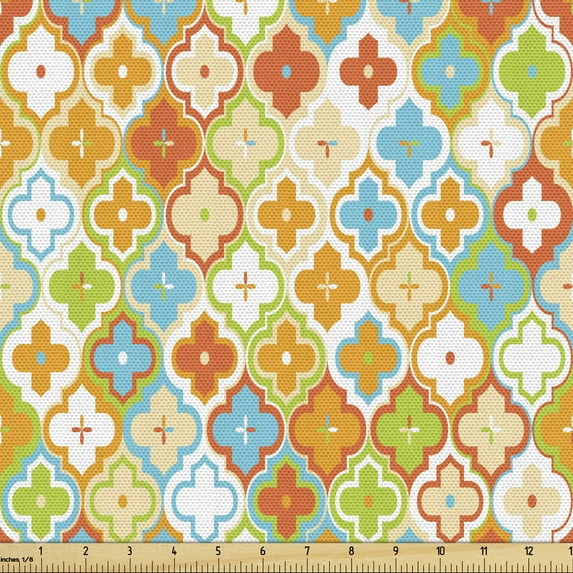Mosaic Fabric by the Yard Upholstery, Traditional Moroccan Quatrefoil Floral Ethnic Tiles Motif in Colorful Art, Decorative Fabric for DIY and Home Accents, Multicolor by Ambesonne