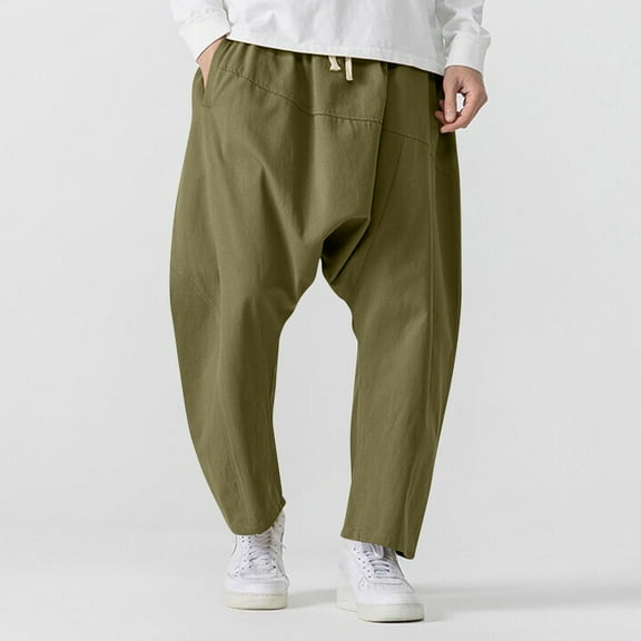 HaoXianJian Mens Casual Harems Pants Wide Leg Loose Baggy Breathable Summer Beach Pants Elastic Drawstring Waist Aladdins Hippie Pant Cotton Drop Crotch Trouser Plus Size M-5X