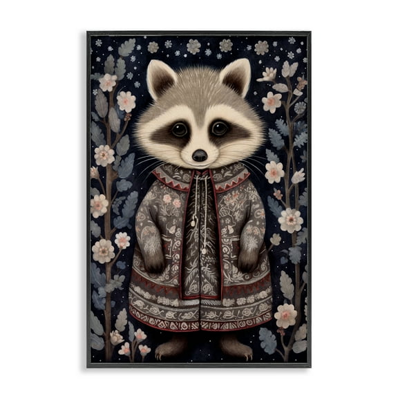 Stupell Industries Woodland Pattern Raccoon Animals & Insects Painting Black Framed Art Print Wall Art, 12 x 18