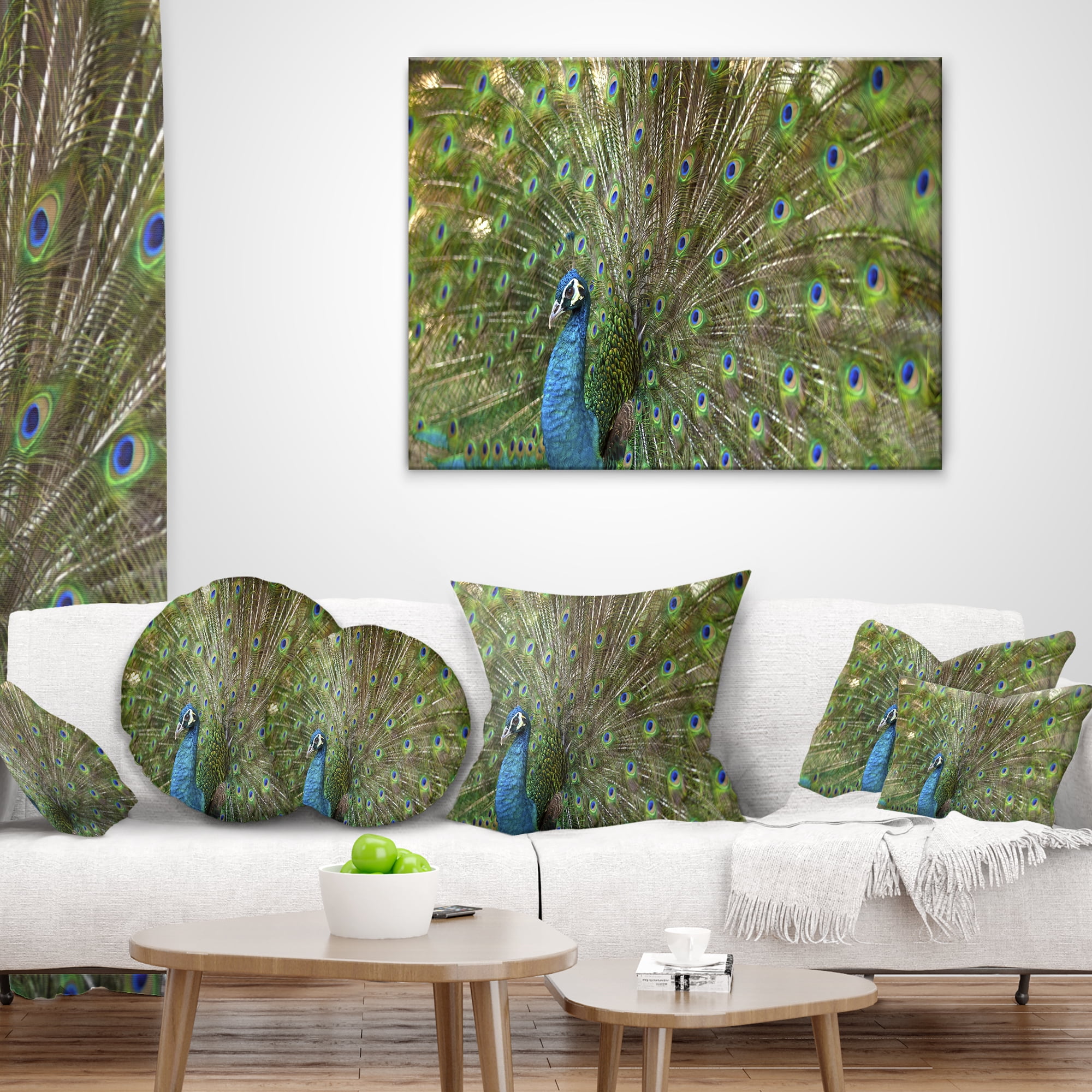 Designart Beautiful Peacock with Feathers - Animal Throw Pillow - 12x20
