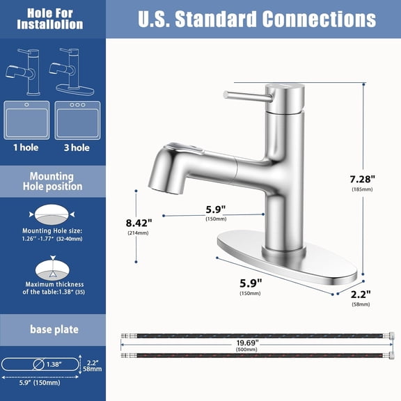 HURRAN Pull Out Bathroom Faucet, Single Handle Basin Mixer Tap with 2 Modes, Utility Sink Faucet with Deck Plate, Stainless Steel, Brushed Nickel