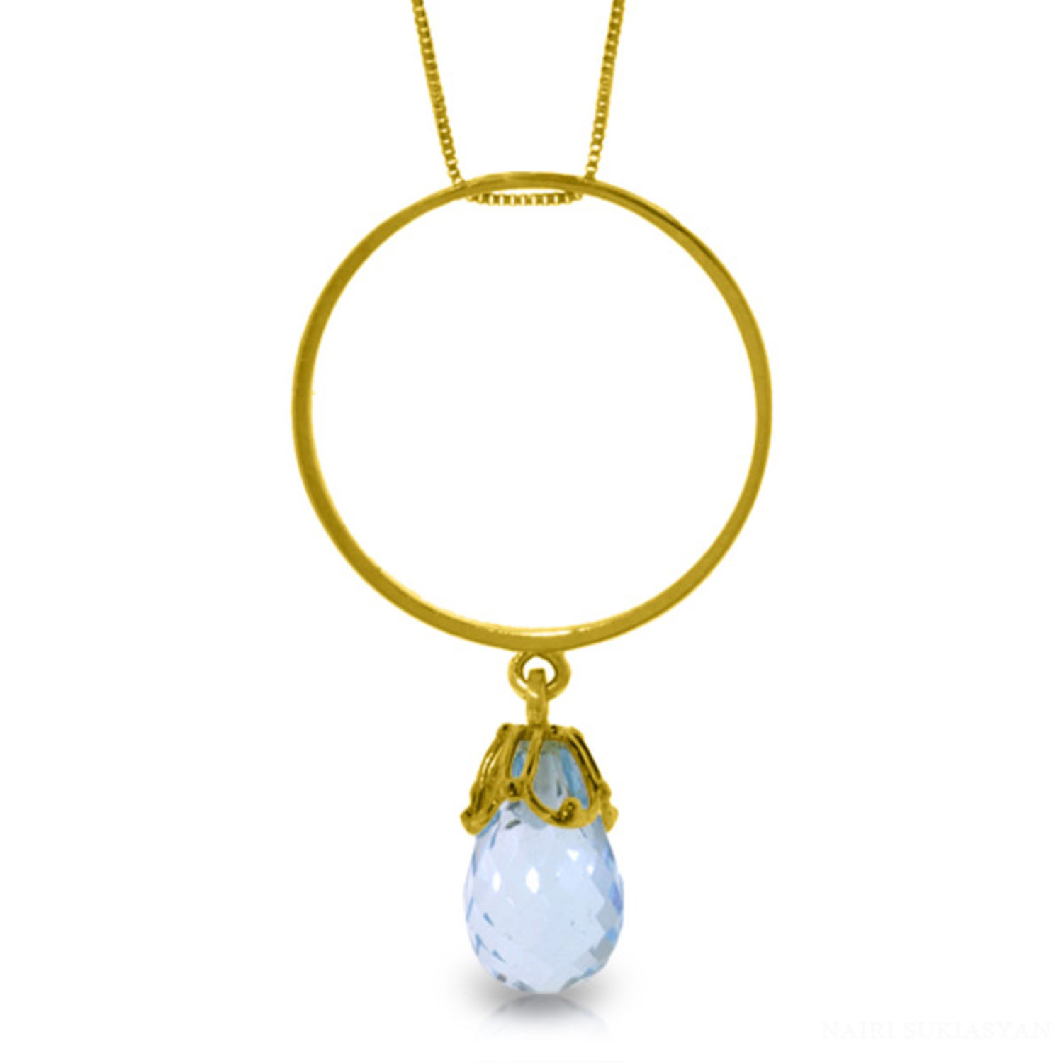 Galaxy Gold 3 Carat 14k 20" Solid Gold Necklace with Natural Blue Topaz Charm Circle Pendant - image 1 of 2