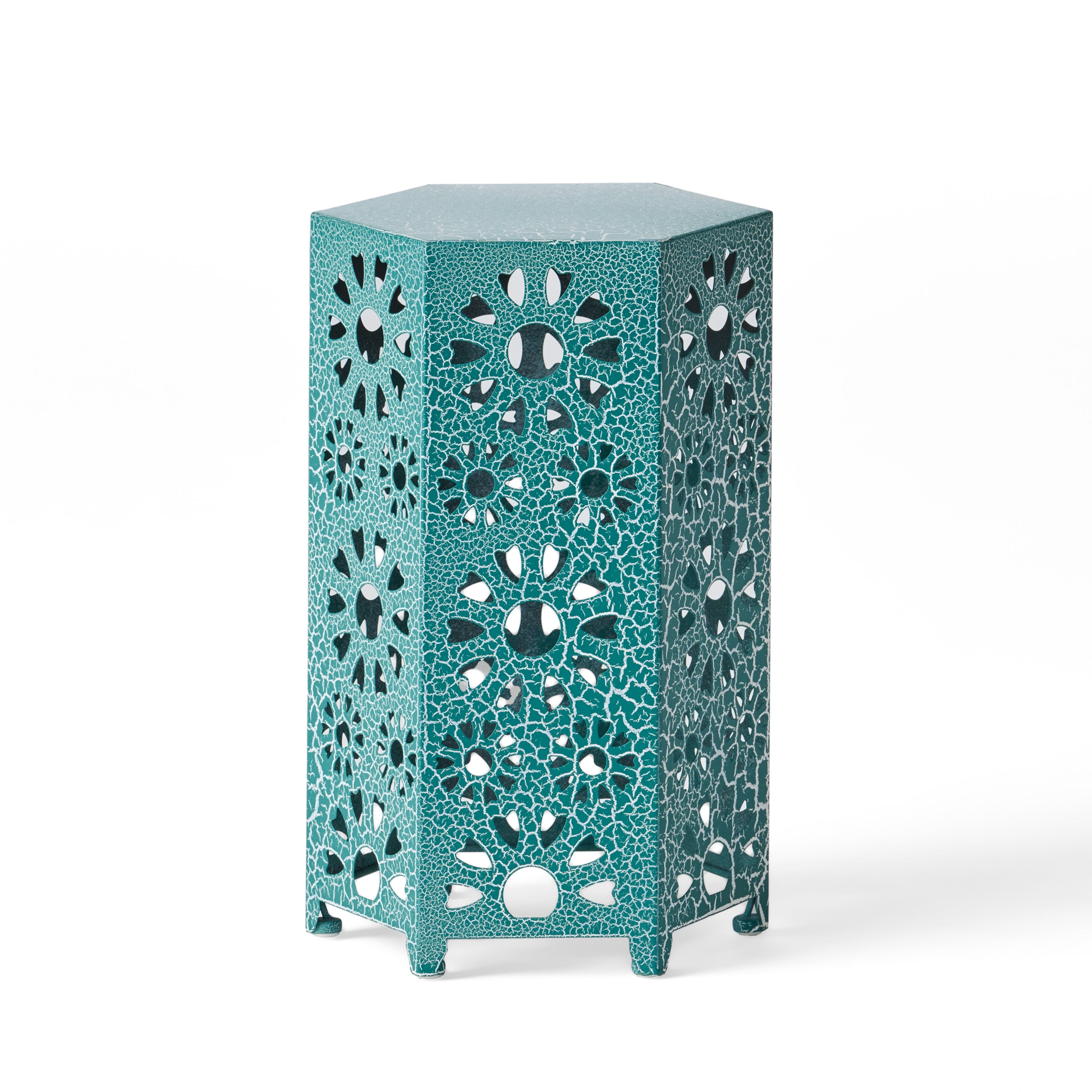 Outdoor Hollow Out Iron Side Table 12 Inch, Craft Accent Table for Patio Garden, Crackle Teal