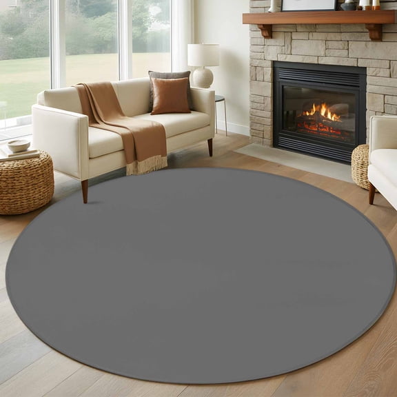 8ft Round Rug, Pure Dark Grey Non-Skid Rubber Backing Large Area Rugs - Living Room Bedroom Home Office, Simple Solid Color Indoor Floor Mat Carpets Washable Rug