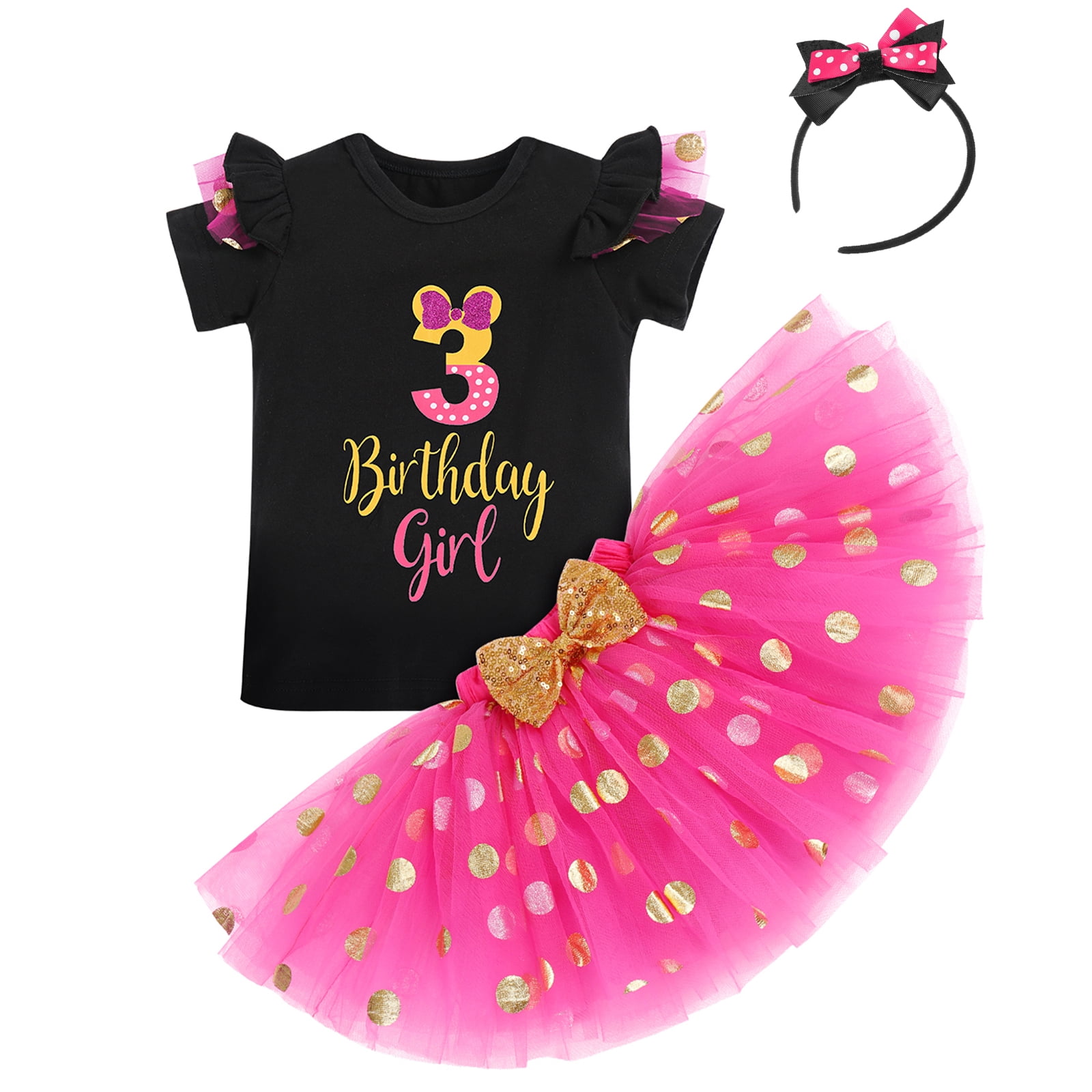 IBTOM CASTLE Toddler Girls 1st 2nd 3rd Birthday Outfit Princess Polka Dots Ruffle Tutu Skirt Mouse Headband Cake Smash Party Clothes Set 3 Years Black + Hot Pink