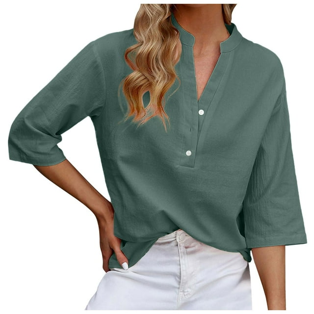 TSADFHJI Hauts d'Été Grande Taille pour Femmes Manches 3/4 Haut Décontracté Col Rond T-Shirt Mignon Couleur Unie Version Longue TTG Vert