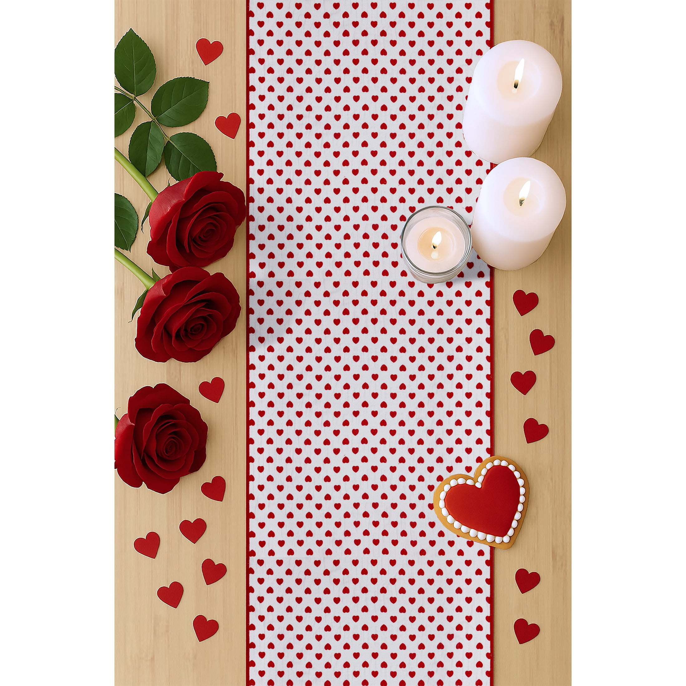 Reversible Hearts Table Runner - 14" x 90" - 100% Cotton, Red & Ivory