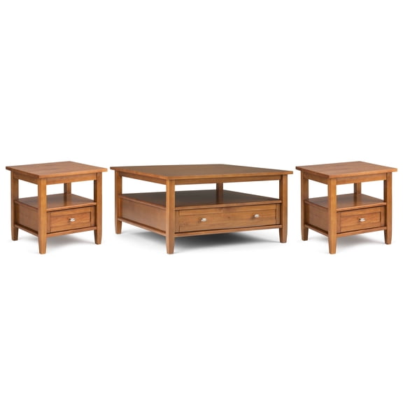 Simpli Home Warm Shaker Solid Wood Transitional 36 inch Wide Coffee Table with 2 20 inch Wide End Tables in Light Golden Brown (Set of 3)