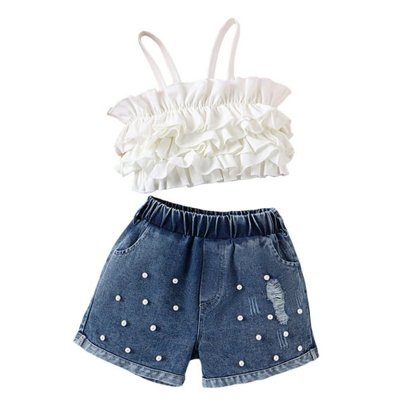 Xudanell Kids Clothes Girls Sleeveless Spaghetti Strap Tank Tops Denim Shorts Outfits Baby Girl Outfits White 7-8 Years