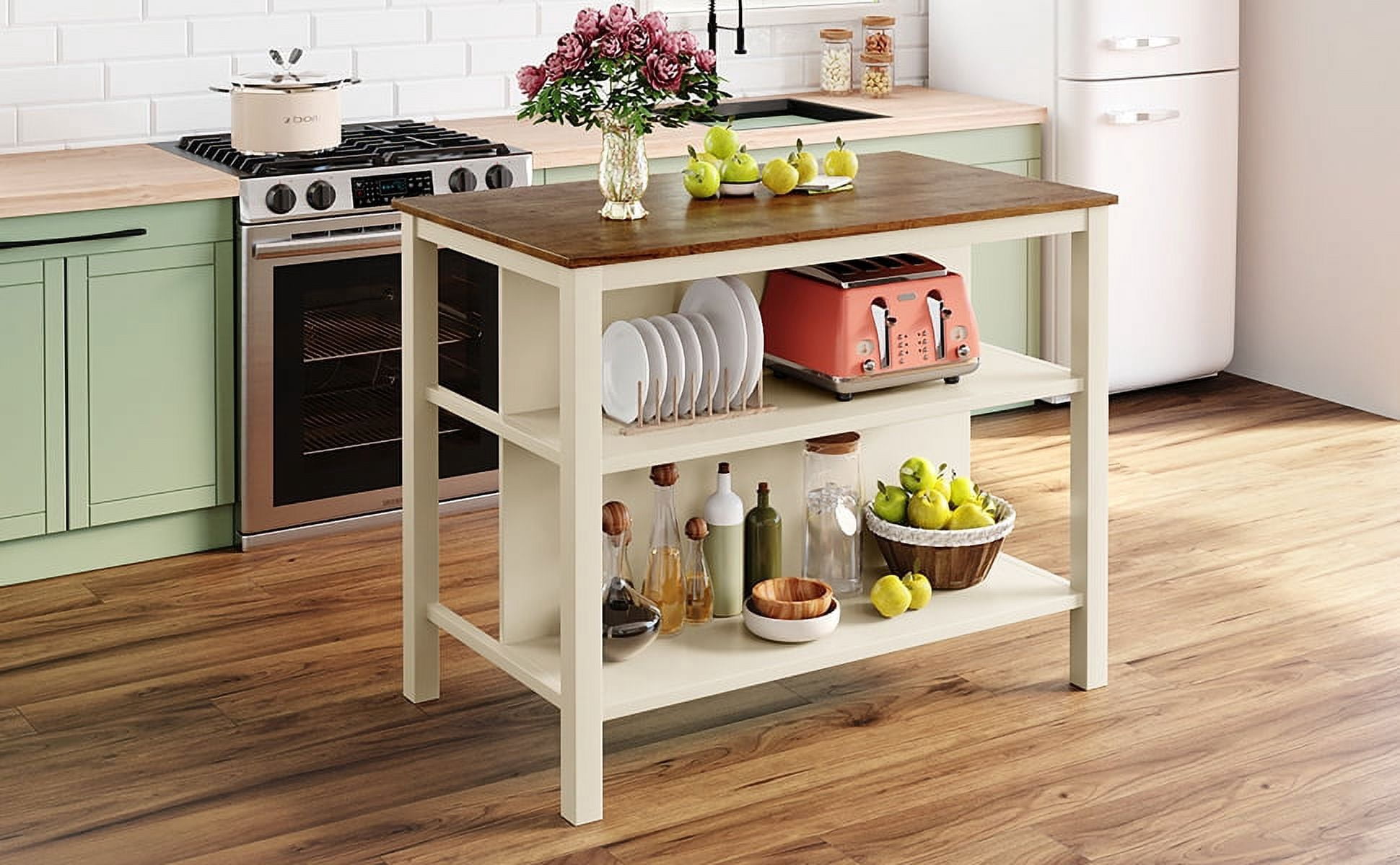 45"  Kitchen Island with Butcher Block Top, 2 Open Shelves for Storage, Stationary Prep Table in Walnut and Cream White for Small Spaces