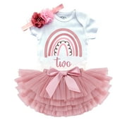 2nd Birthday Outfit Baby Girl Tutu Dress Set (Rainbow Rose Two Short, 24M → Short Sleeves)