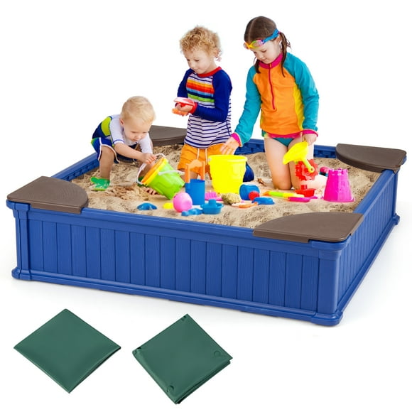 Gymax Kids Outdoor Sandbox 48.5'' x 48.5'' x 12.5'' Large HDPE Sandpit w/ Oxford Cover