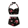 thumbnail image 3 of Renewold Red Pink Roses Women Bikinis Plus Size M Fashion V Neck Halter Swimsuit Soft Backless Ruched Ruffle Bathing Suit Skin-Friendly Crop Tops+High Waisted Briefs, 3 of 6