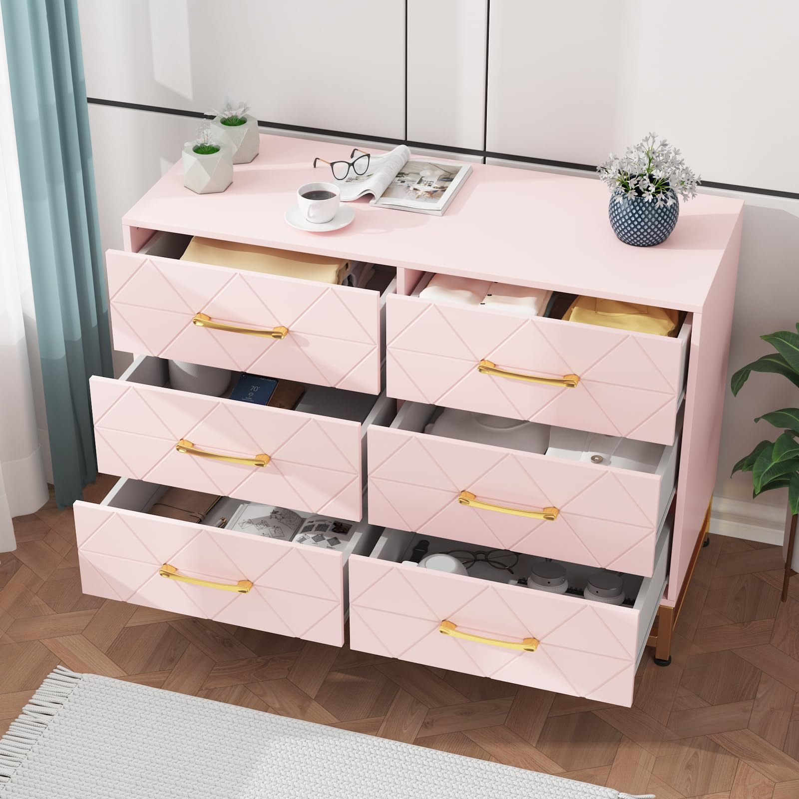 TROPOW Dressers & Chests of Drawers,6 Drawers Dresser for Bedroom, TV Stand Dressers Chest of Drawers for Living Room Hallway Entryway, Pink
