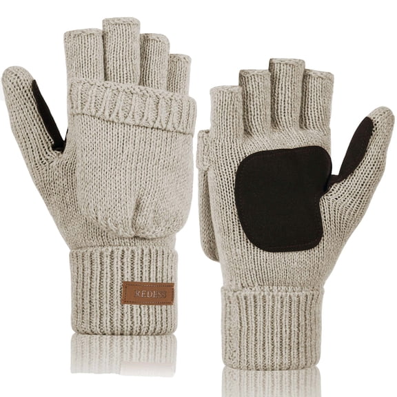 REDESS Winter Mittens Fingerless Gloves for Women and Men Knitted Convertible Gloves,Beige
