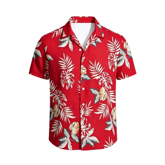 Shirts for Men Tropical Print Short Sleeve Summer Casual Button Down Collar Loose Beach Vacation Hawaiian Red Shirt