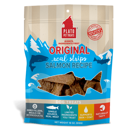 UPC: 0850002221503 | Plato Original Real Strips Salmon Recipe Dog Treats 18 Oz.