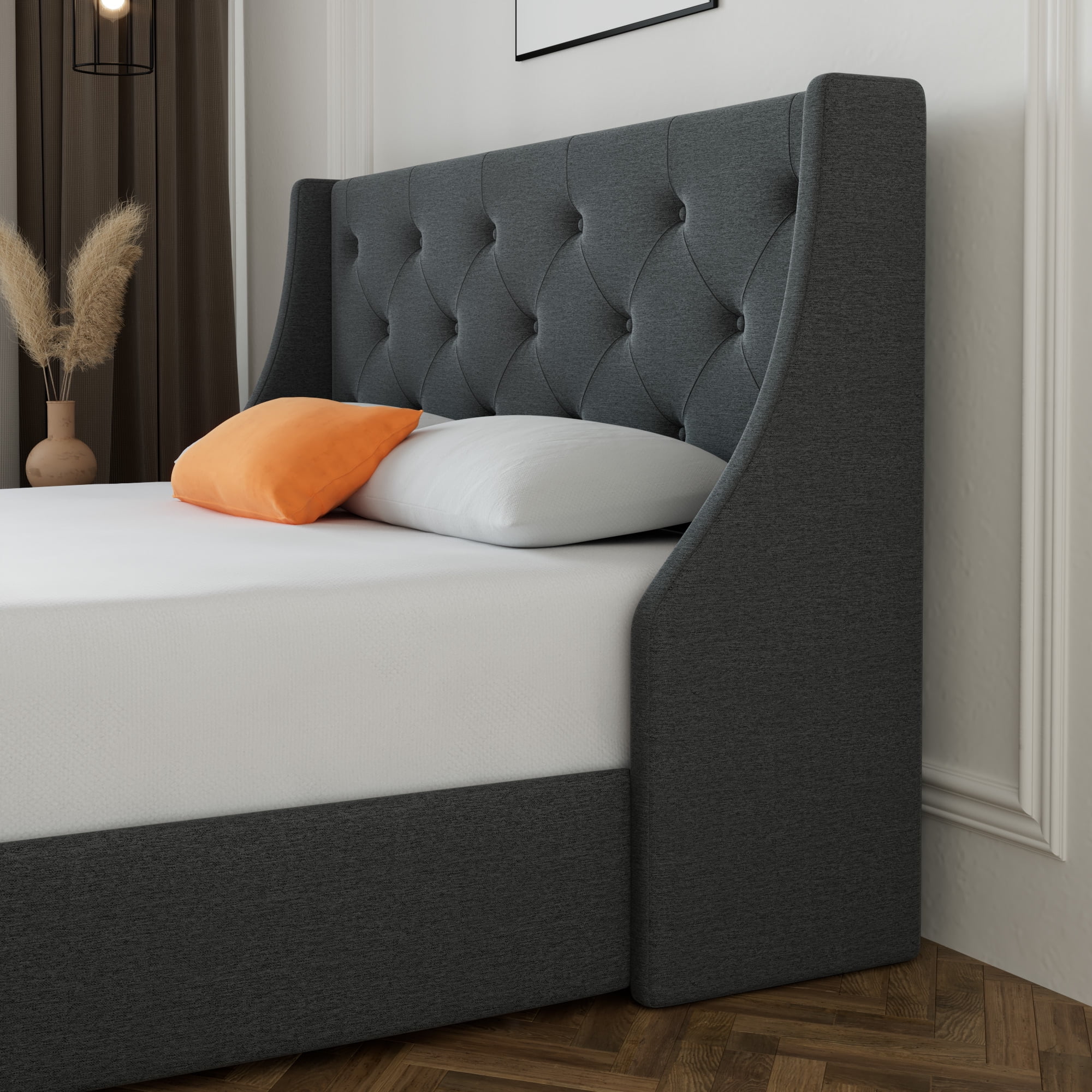 SHA CERLIN Dark Grey Queen Size Platform Bed Frame with 4 Storage Drawers & Wingback Headboard, Adult